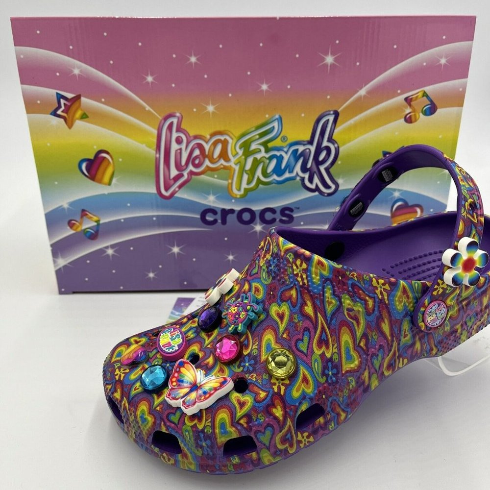Women's Size 9 limited-edition Lisa Frank x Crocs Neon Purple/Multi + Jibbitz